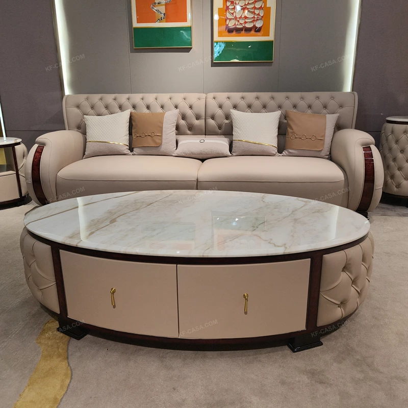 Oval White Marble Coffee Table with Cream Tufted Leather Sides and Two Drawers